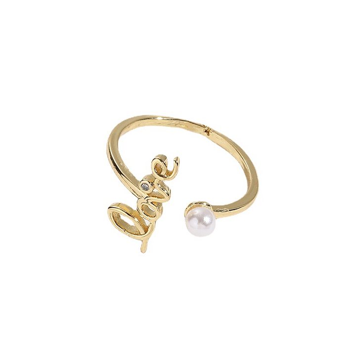 Einfacher offener Ring mit Liebesbrief, Kupfer, vergoldet, Kunstperlen, 1 Stück