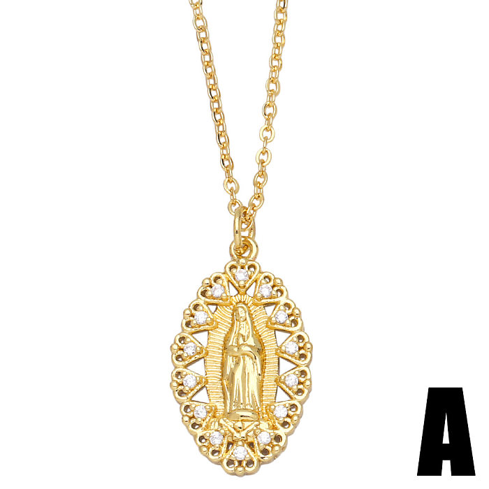 Collar de cadena de clavícula de la Virgen María con tarjeta redonda hueca geométrica de diamantes