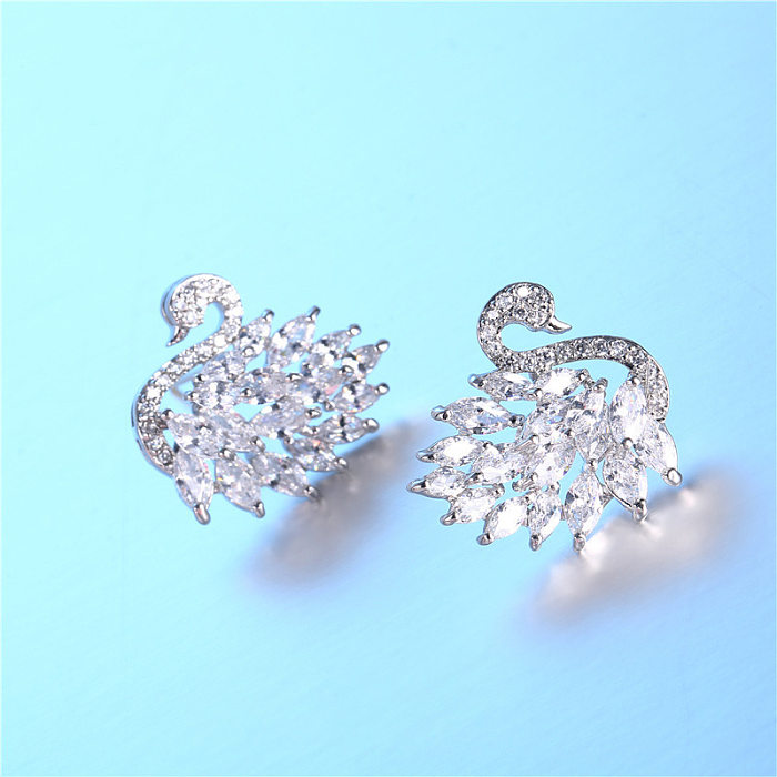 1 Pair Casual Sweet Swan Plating Inlay Copper Zircon White Gold Plated Ear Studs