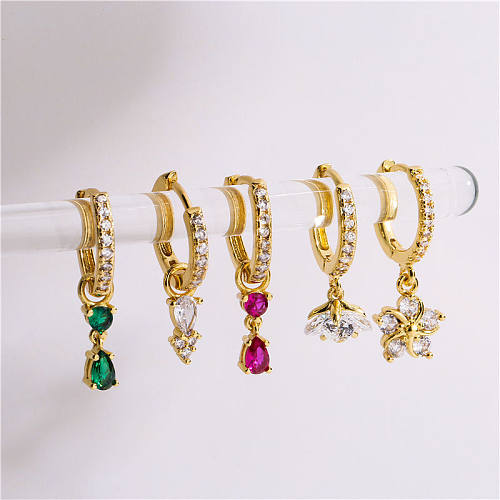 1 Pair Fashion Water Droplets Flower Copper Inlay Zircon Drop Earrings