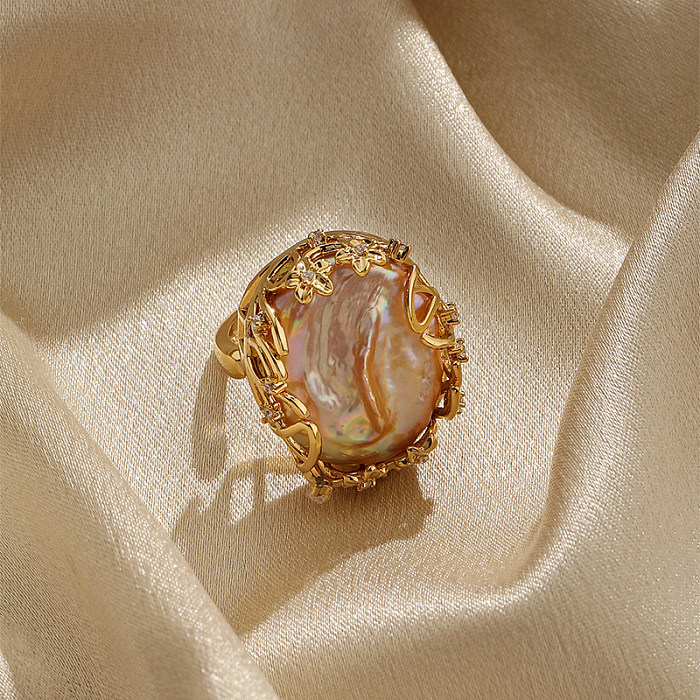 IG Style Retro Oval Flower Copper Plating Hollow Out Inlay Pearl Zircon 18K Gold Plated Open Rings