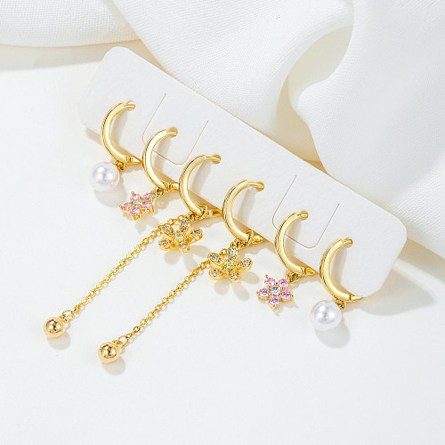 1 Set elegante, schlichte Ohrringe mit Quaste, Perlen-Blumen-Beschichtung, Inlay aus Messing, Zirkon, 18 Karat vergoldet