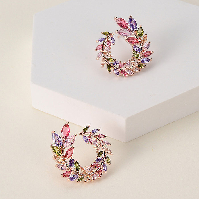 1 Pair Elegant Leaf Plating Inlay Copper Zircon Rose Gold Plated Ear Studs
