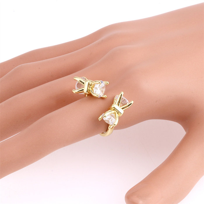 Elegant Bow Knot Copper Plating Inlay Zircon 18K Gold Plated Open Rings