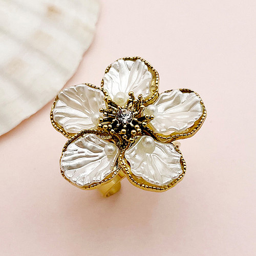 Vintage Style Flower Stainless Steel Plating Inlay Zircon Gold Plated Rings