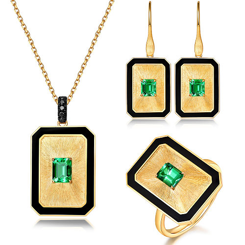 Vintage Style Square Copper Inlay Rhinestones Women'S Rings Earrings Necklace