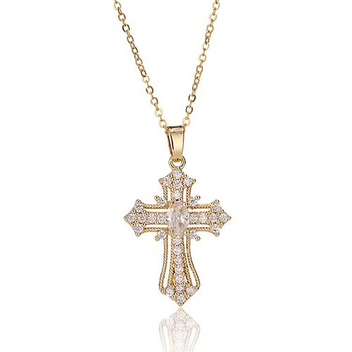 Simple Style Cross Copper Inlay Zircon Pendant Necklace