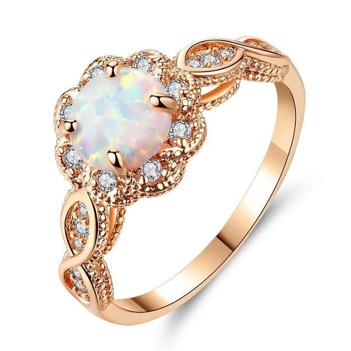 Schlichter Stil, Blumen-Kupfer-Inlay, weißer Opal-Zirkon-Ring