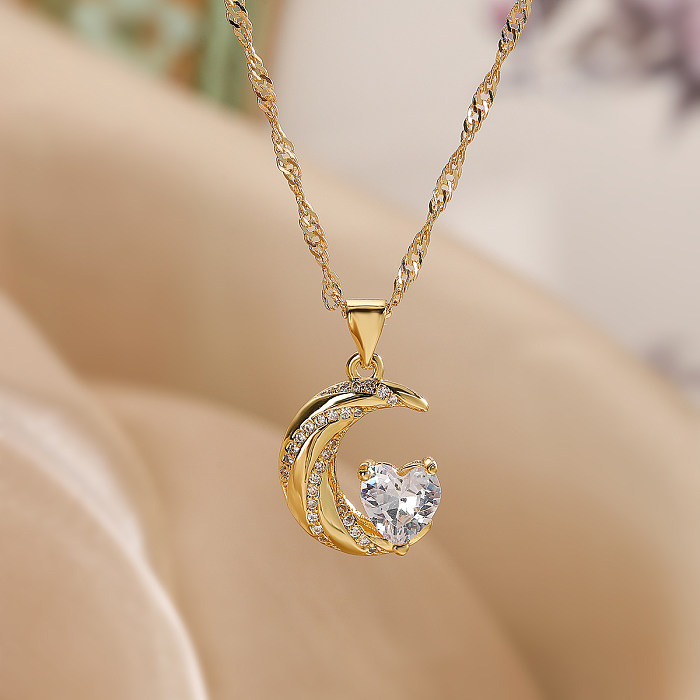 Simple Style Commute Moon Copper Plating Inlay Zircon 18K Gold Plated Pendant Necklace