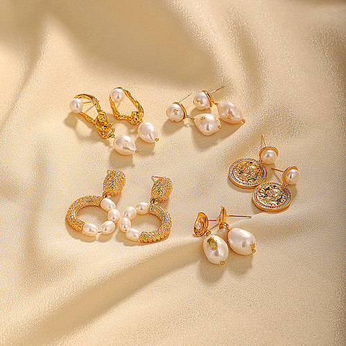 Boucles d'oreilles pendantes classiques rétro, 1 paire, incrustation de placage de Portrait, Imitation de perle, cuivre, Zircon, plaqué or 18 carats