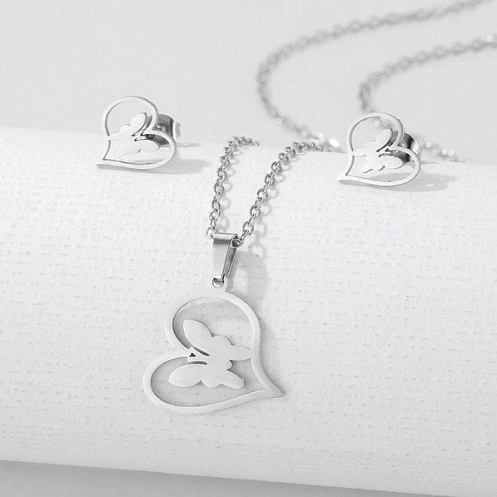 Simple Style Classic Style Cross Heart Shape Butterfly Stainless Steel Hollow Out Earrings Necklace