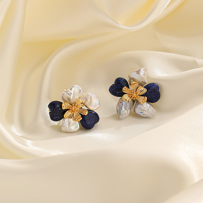 1 par de pendientes de lapislázuli con perlas barrocas de cobre con incrustaciones de flores
