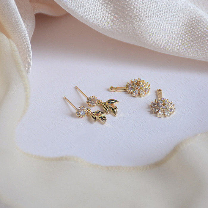 1 paire de boucles d'oreilles élégantes en forme de feuille douce, incrustation de fleurs, cuivre et Zircon plaqué or