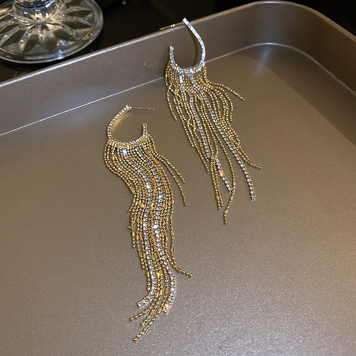 1 Pair Elegant Tassel Copper Plating Inlay Artificial Gemstones Drop Earrings