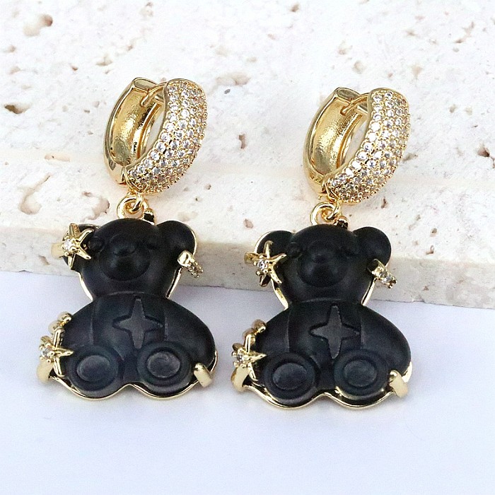1 paire de boucles d'oreilles pendantes en cuivre et Zircon plaqué or 18 carats, ours mignon