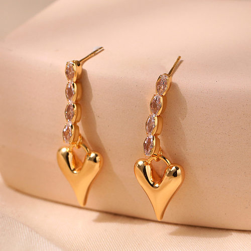 1 paire de boucles d'oreilles pendantes en forme de cœur, incrustation de cuivre, pierres précieuses artificielles, plaqué or 18 carats