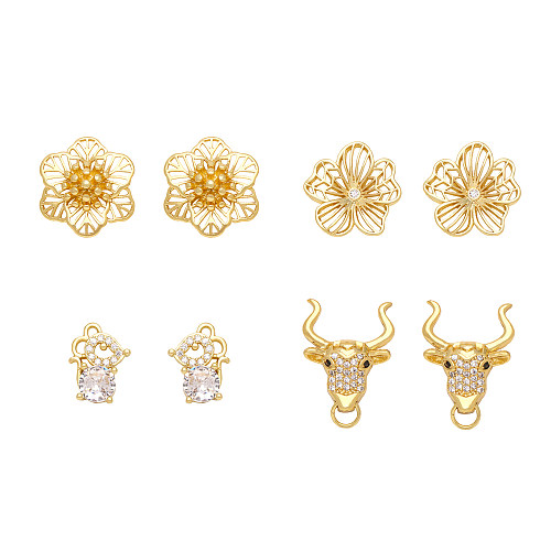 1 Pair Cute Sweet Cattle Flower Copper Plating Inlay Zircon 18K Gold Plated Ear Studs