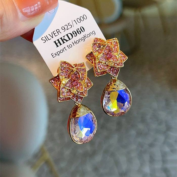 1 Pair Retro Flower Plating Inlay Copper Zircon Drop Earrings