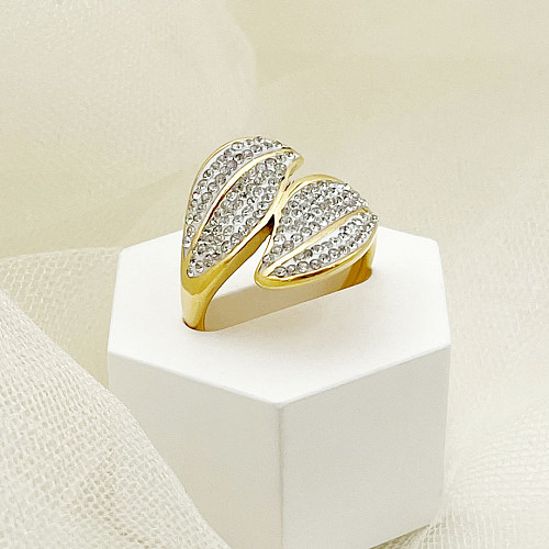 Elegant Vintage Style Leaves Plant Stainless Steel Metal Polishing Plating Inlay Rhinestones Gold Plated Rings