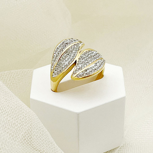 Elegante estilo vintage folhas planta aço inoxidável polimento de metal chapeamento incrustação strass anéis banhados a ouro