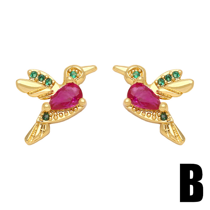 1 Pair Glam Heart Shape Bird Inlay Copper Color Zircon Ear Studs