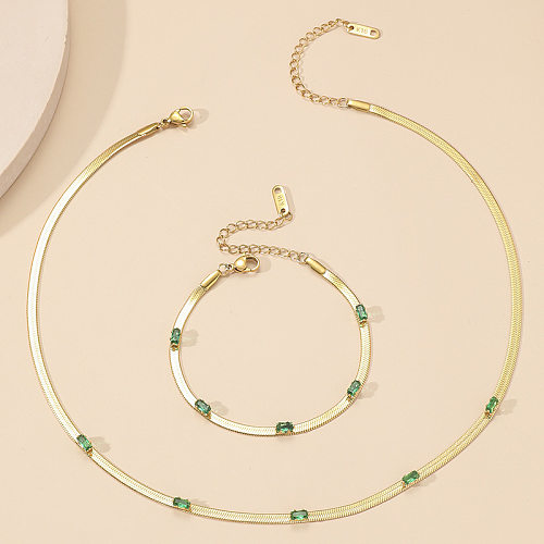 Sweet Rectangle Titanium Steel Inlay Zircon Bracelets Necklace