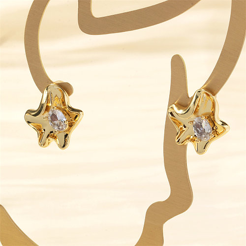 1 Paar schlichte Tropfen-Ohrringe mit Rosen-Blumen-Beschichtung, Kupfer-Zirkon, 18 Karat vergoldet