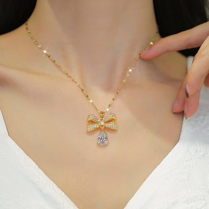 Elegant Glam Water Droplets Bow Knot Titanium Steel Copper Plating Inlay Rhinestones Gold Plated Earrings Necklace