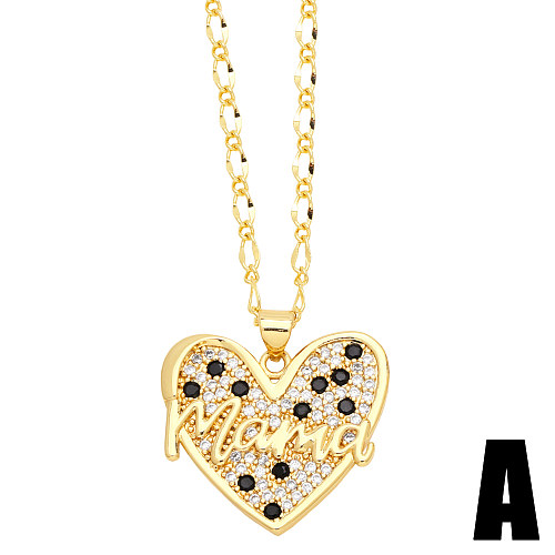 Elegant MAMA Love Letter Heart Shape Stainless Steel Copper Plating Inlay Zircon 18K Gold Plated Pendant Necklace