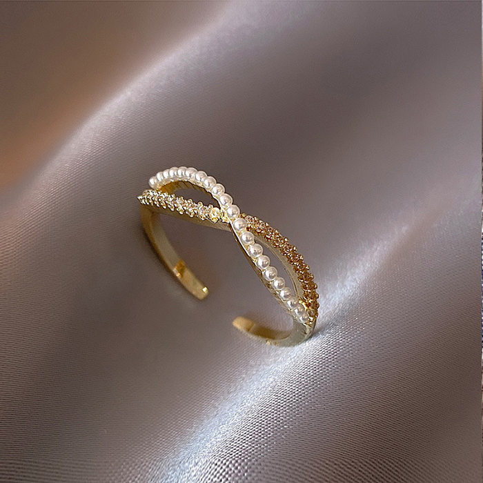 Moda redonda de cobre incrustada opala pérola zircão anel aberto 1 peça
