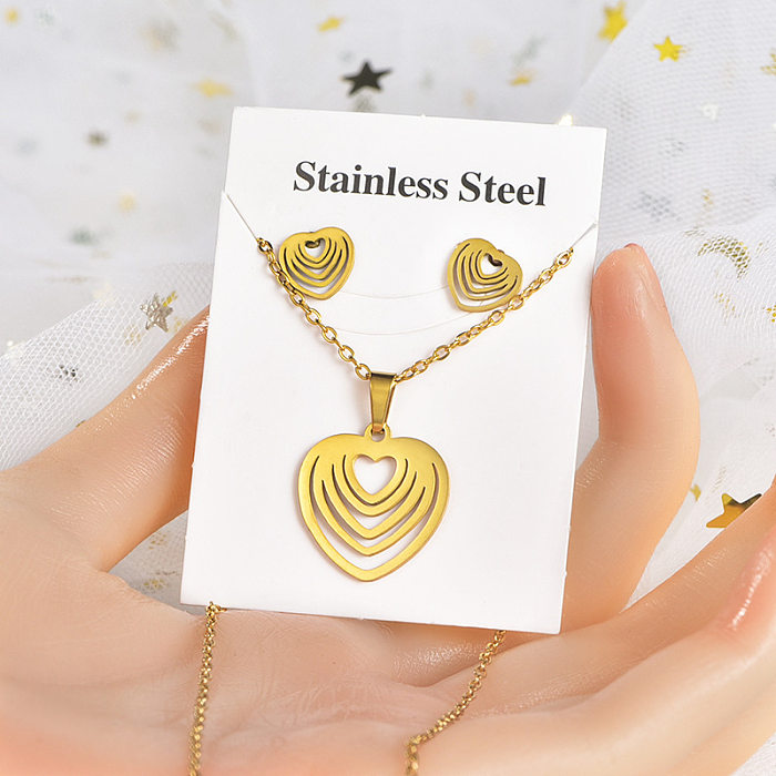 Moda estrela coração forma coroa de aço inoxidável incrustado ouro feminino brincos colar 1 conjunto