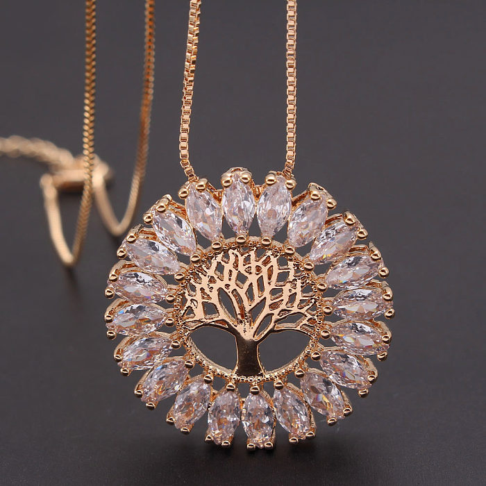 Collier pendentif en cuivre plaqué or 18 carats, Style Vintage, arbre rond, placage de polissage, incrustation de Zircon