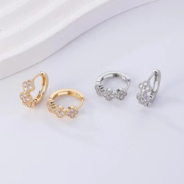 1 Pair Elegant Flower Inlay Copper Artificial Diamond Hoop Earrings