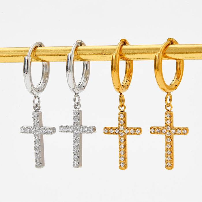 Collier de boucles d'oreilles de bracelets de strass d'incrustation d'acier inoxydable de croix de style simple