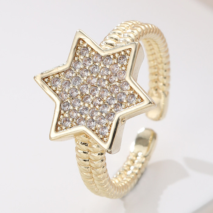 Casual Korean Style Star Copper Inlay Zircon Open Rings