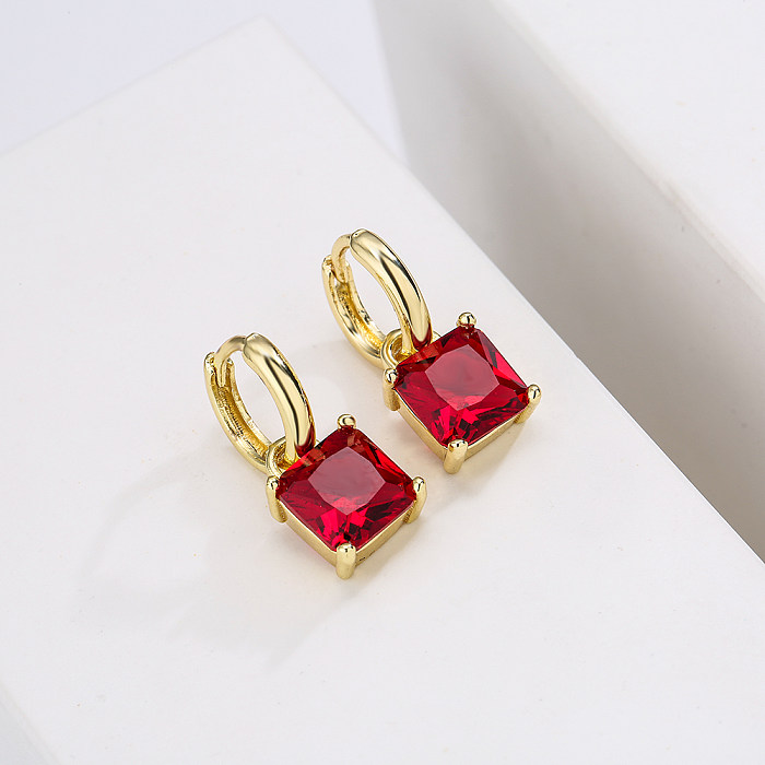 Simple Copper 18K Gold Plated Geometric Square Zircon Earrings