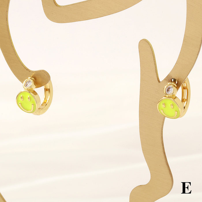1 Pair Simple Style Smiley Face Enamel Plating Inlay Copper Zircon 18K Gold Plated Earrings