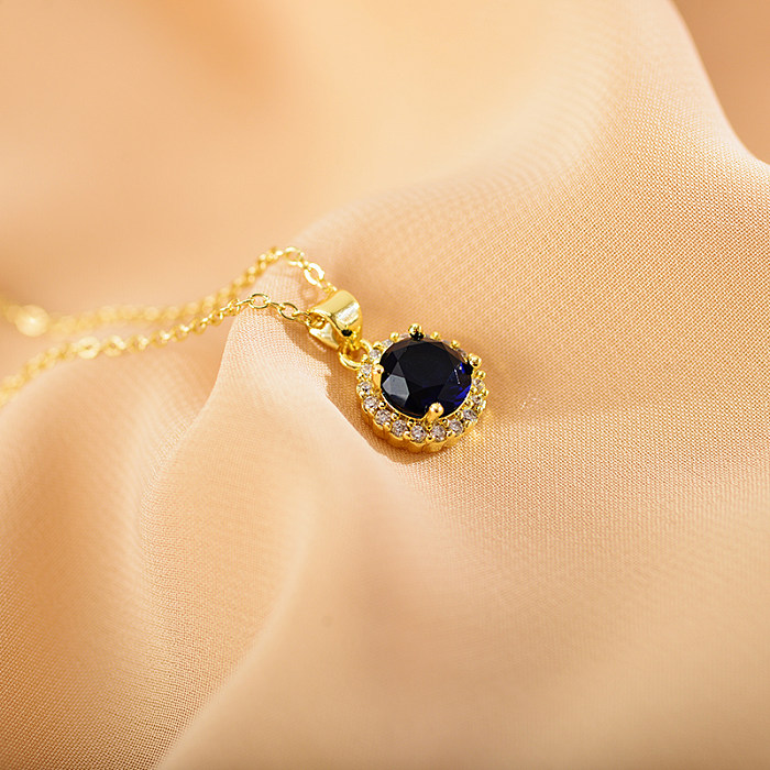 Elegante, romantische, runde, vergoldete Anhänger-Halskette mit Zirkon-Intarsienverkupferung