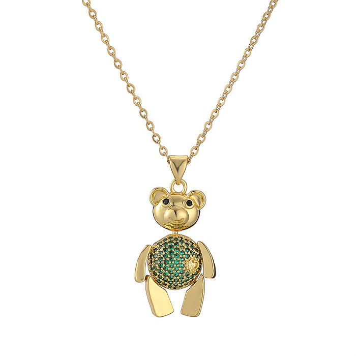 Einfache Halskette mit kleinem Bären-Kupfer-Inlay und vergoldetem Zirkon-Anhänger