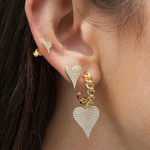 Fashion Heart Shape Brass Ear Studs Gem Copper Earrings 3 Piece Set