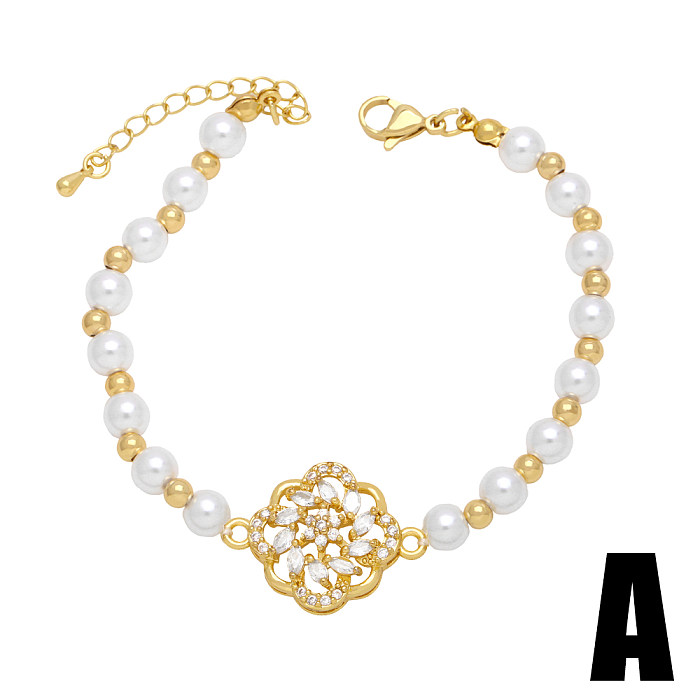 IG Style Streetwear Blätter Blume Imitationsperle Kupfer Perlenbeschichtung Inlay Zirkon 18 Karat vergoldete Armbänder