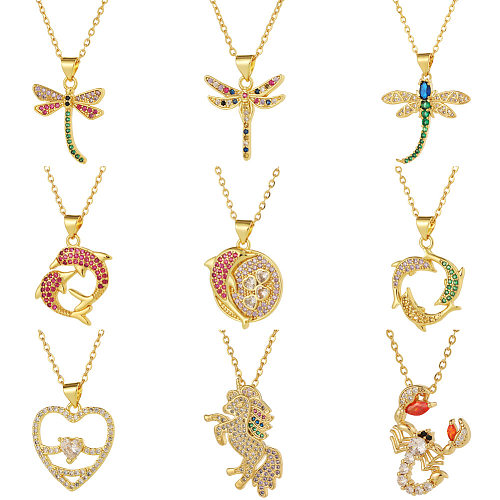 Cute Simple Style Animal Heart Shape Copper Plating Inlay Zircon Gold Plated Pendant Necklace