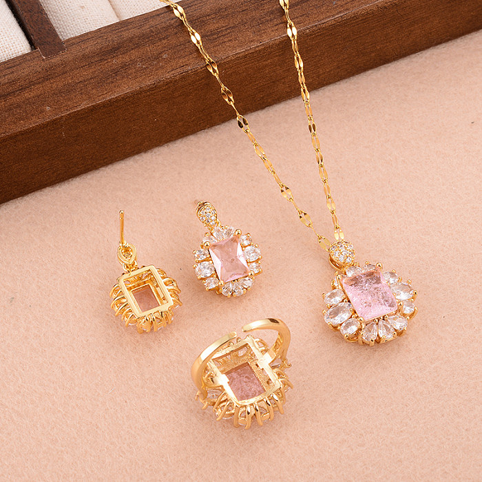 Lady Sweet Square Copper Plating Inlay Zircon Gold Plated Rings Earrings Necklace