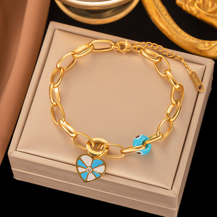 Roman Style Heart Shape Titanium Steel Enamel Plating Inlay Artificial Diamond 18K Gold Plated Bracelets Earrings Necklace