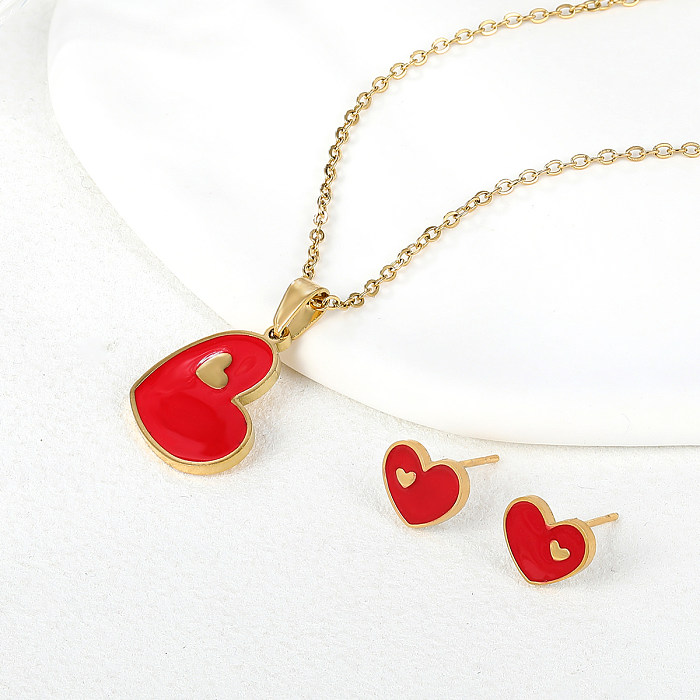 Romantische süße herzförmige Edelstahl-Emaille-Beschichtung mit 18 Karat vergoldeter Damen-Ohrring-Halskette