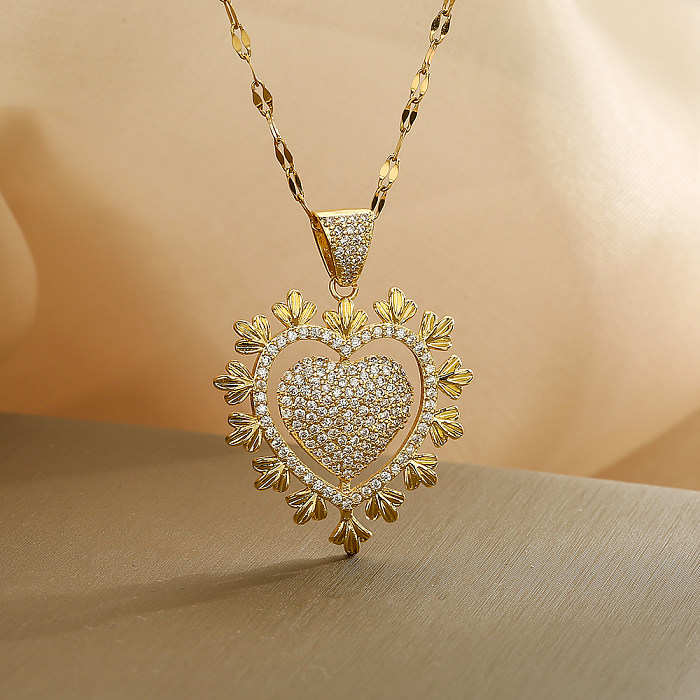 Simple Style Commute Heart Shape Copper 18K Gold Plated Zircon Pendant Necklace In Bulk