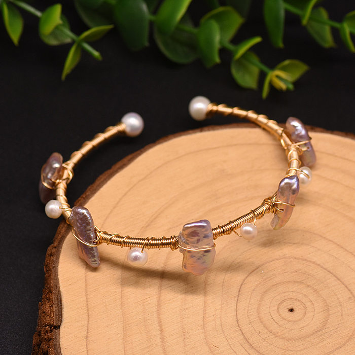 Retro Flower Copper Plating Inlay Pearl 18K Gold Plated Bangle