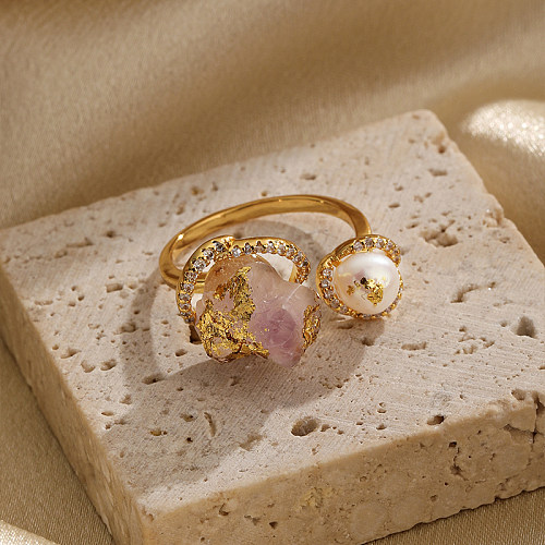 Anillos abiertos chapados en oro de 18K con perlas de agua dulce y diamantes de imitación de cristal con incrustaciones de cobre irregulares brillantes Retro