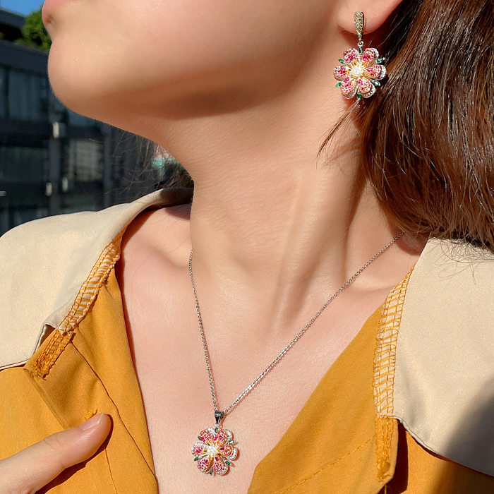 Elegant Streetwear Flower Copper Plating Inlay Zircon Rose Gold Plated Earrings Necklace