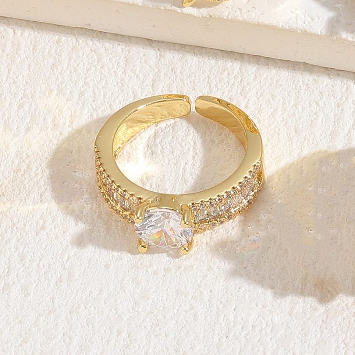 Elegant Classic Style Round Copper Asymmetrical Inlay Zircon 14K Gold Plated Open Rings